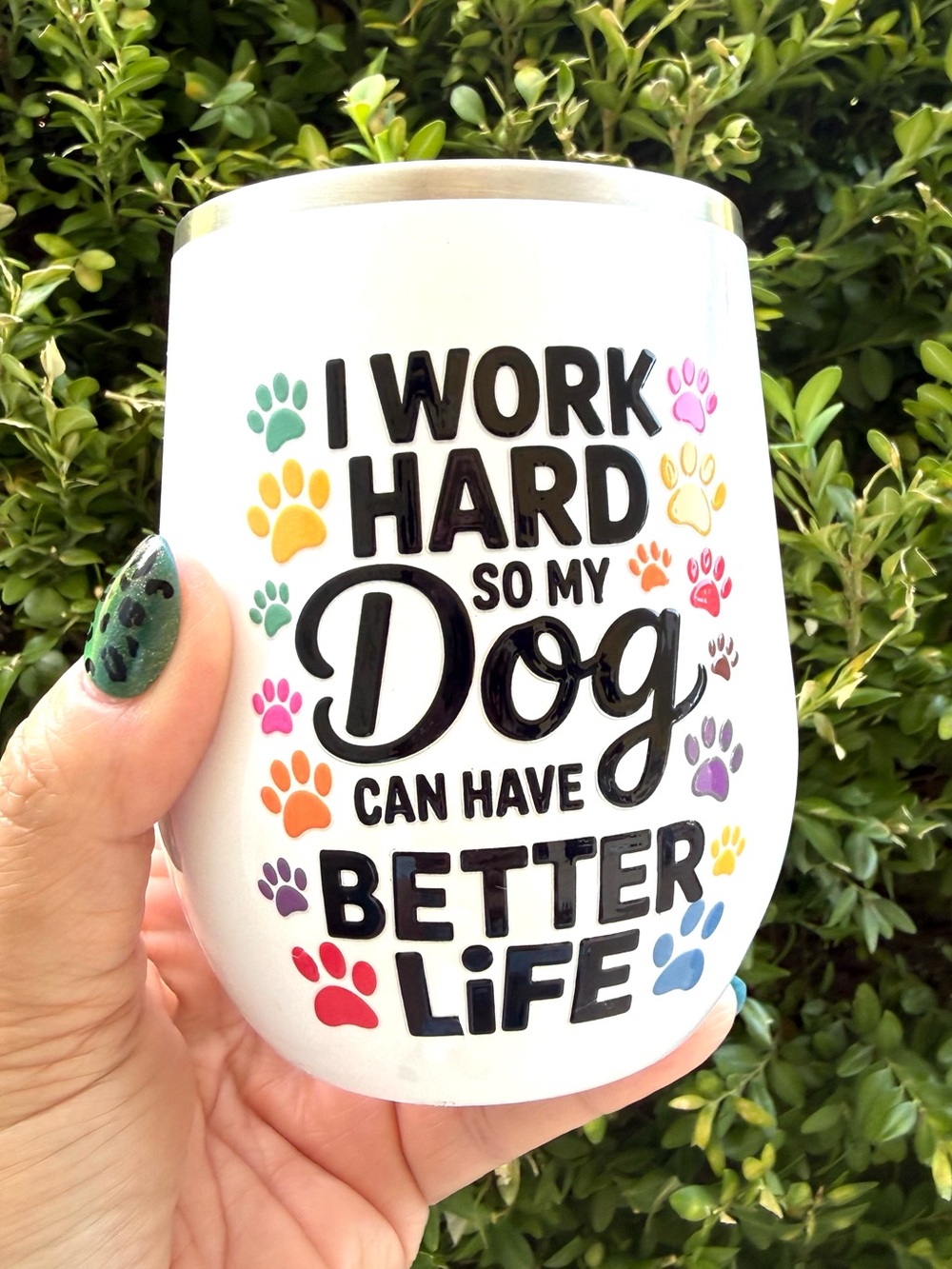 Dog Lovers! Wine tumbler 12 oz colorful dog-themed graphic on white hot or cold